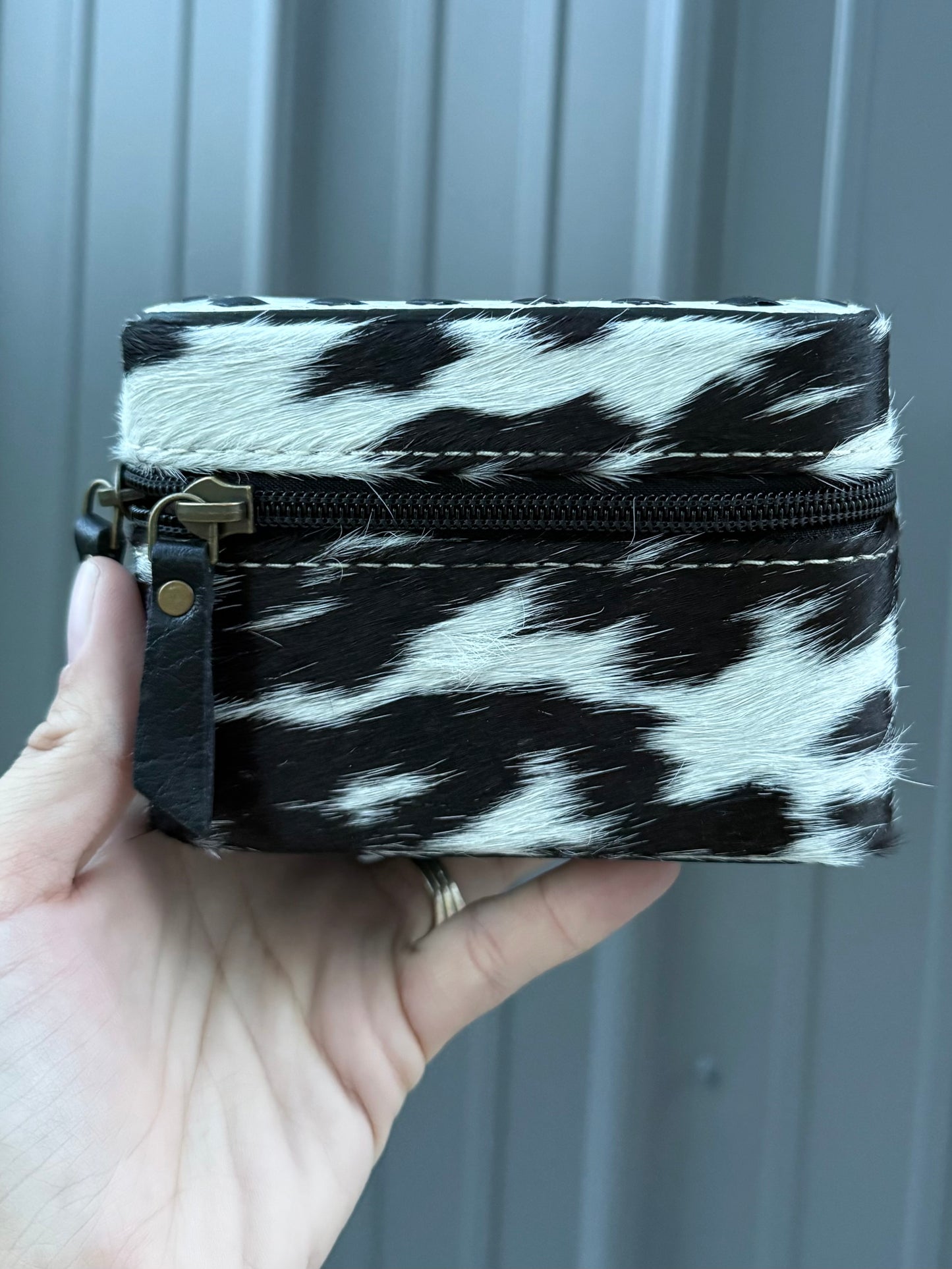 Checkered and Cowhide Square Jewelry Zipper Box