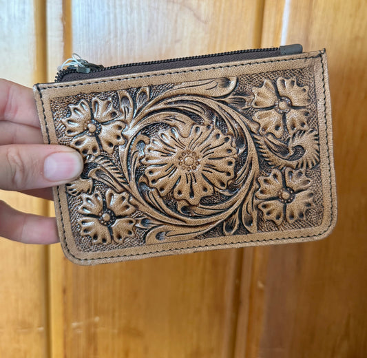 Tooled Flower Coin Purse with Card Slots