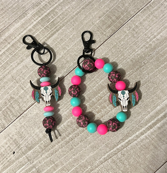 Boho Pink/Turquoise Cow Skull Keychain Set