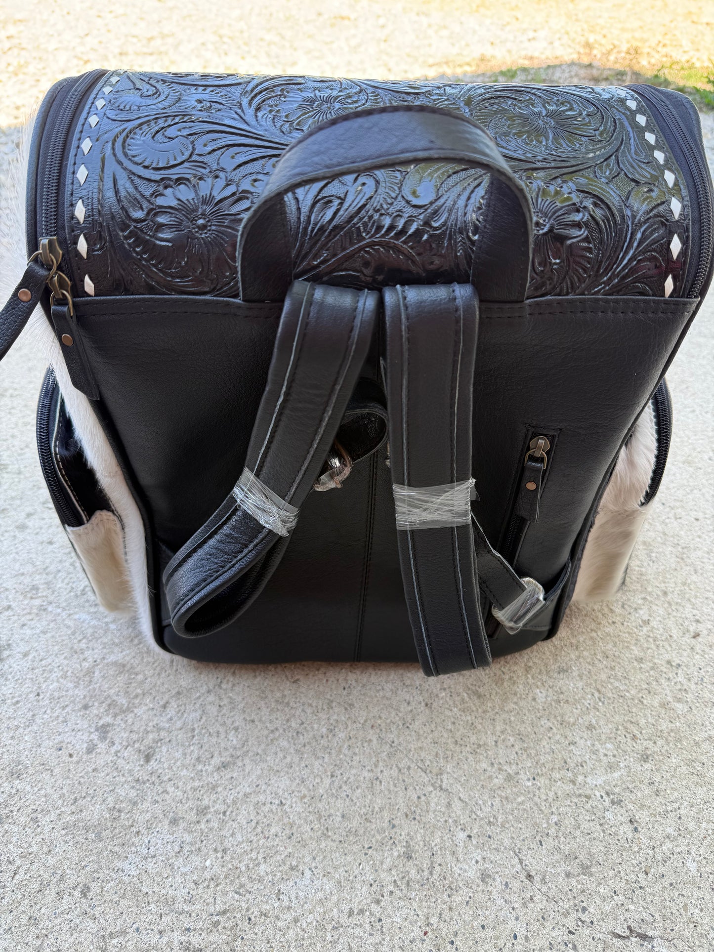 Tooled Leather Black Cowhide Backpack / Diaper Bag