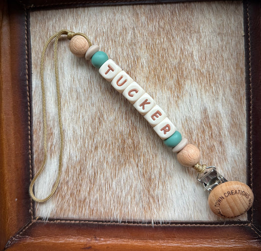 Dark Sage and Wood Custom Name Pacifier Holder