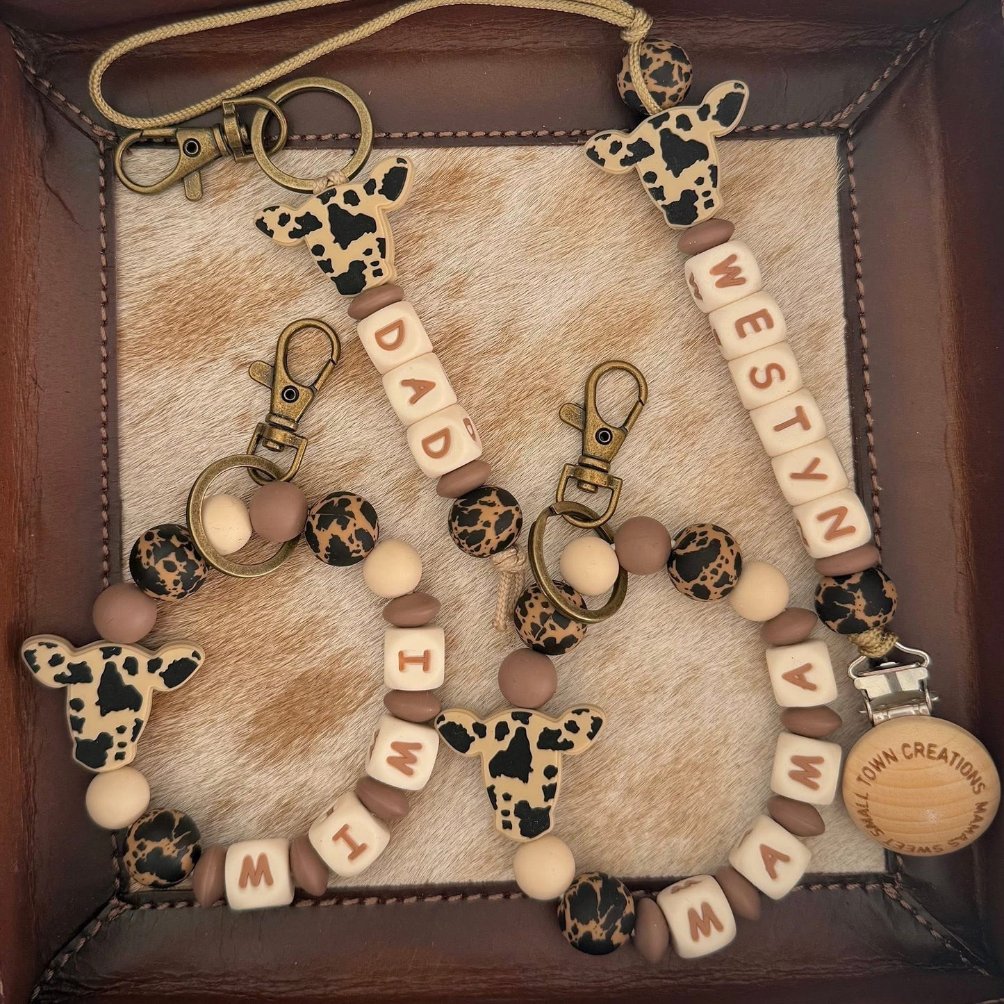 Brown/Black Cowhide Custom Name Teether Set