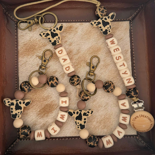 Brown/Black Cowhide Custom Name Teether Set
