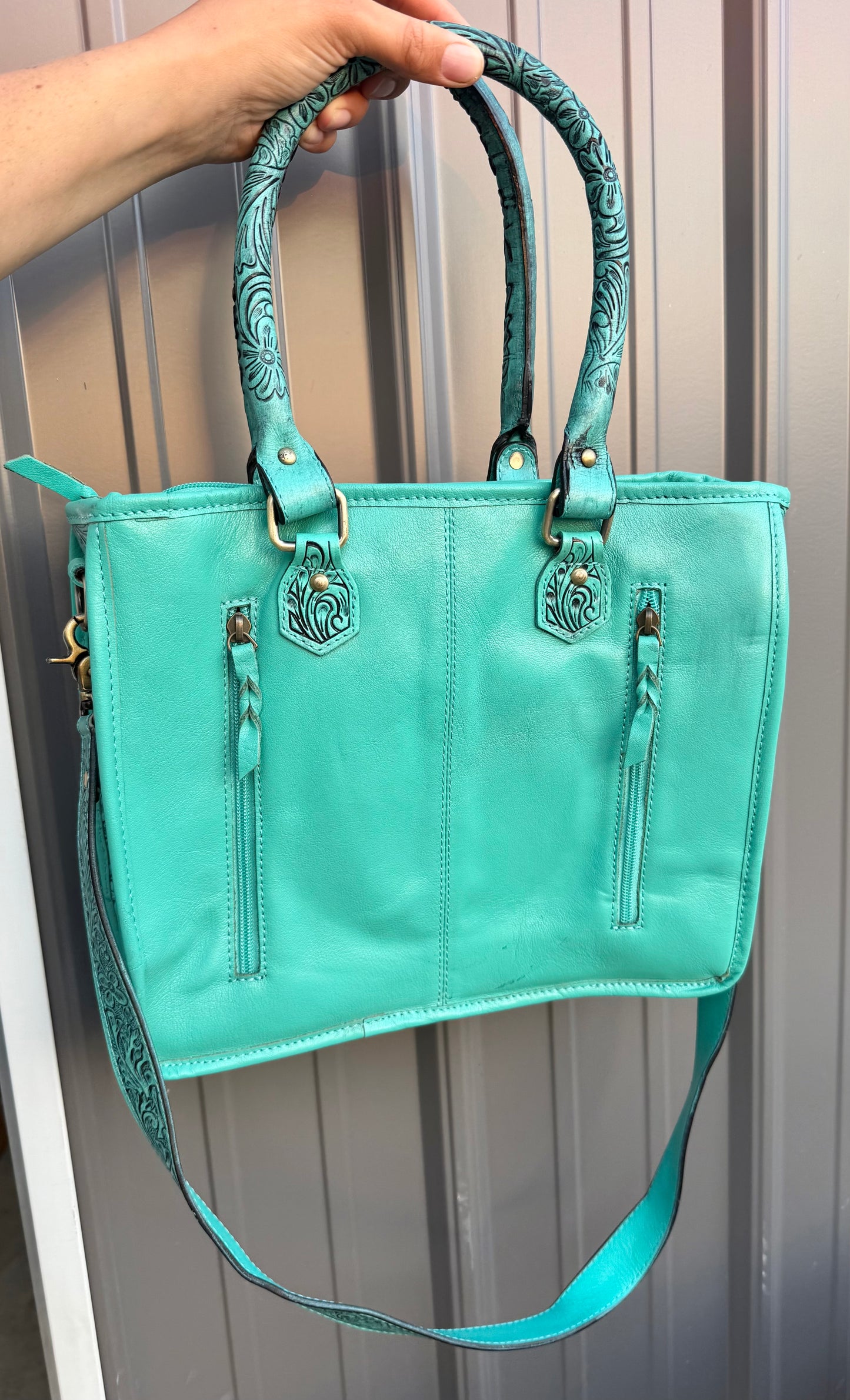 Turquoise Tooled Genuine Cowhide Highland Cow Purse with Crossbody