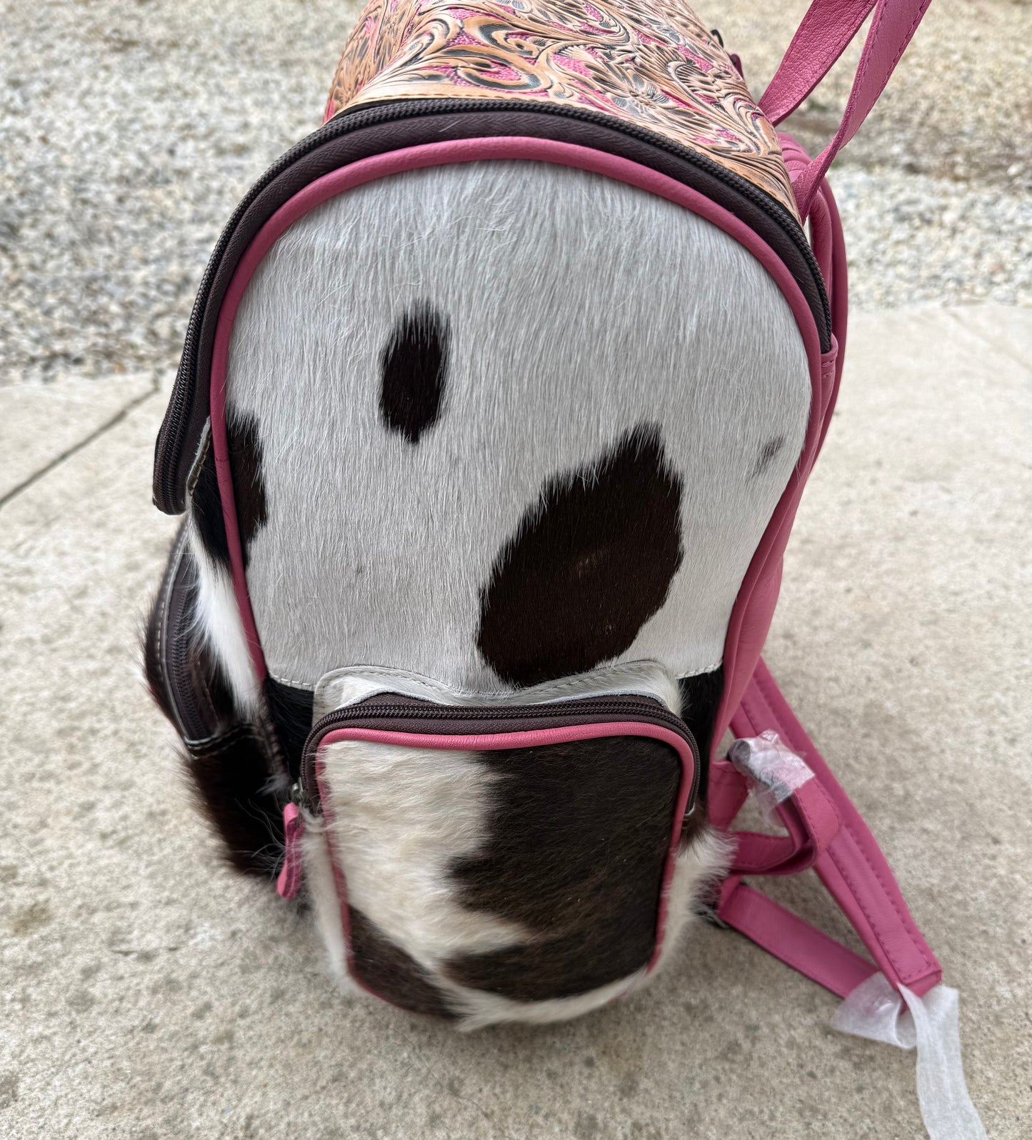 Pink Accent Tooled Leather Black Cowhide Backpack / Diaper Bag