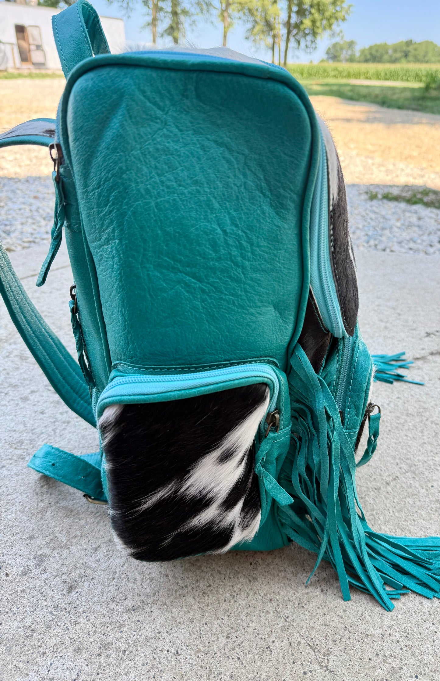Turquoise Leather Fringe Cowhide Backpack / Diaper Bag
