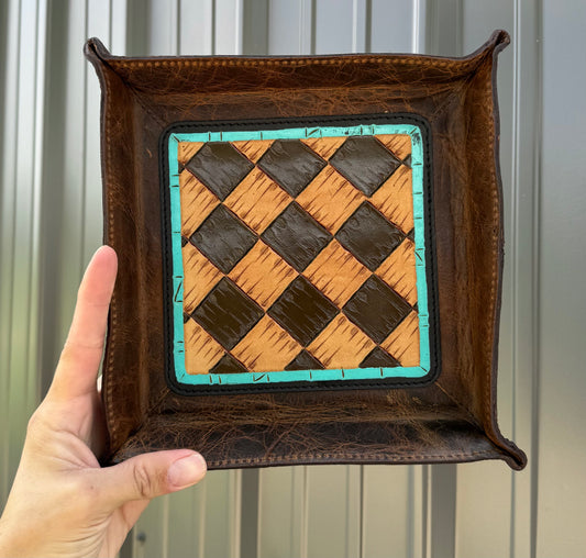 Brown Check Turquoise Genuine Leather Tray