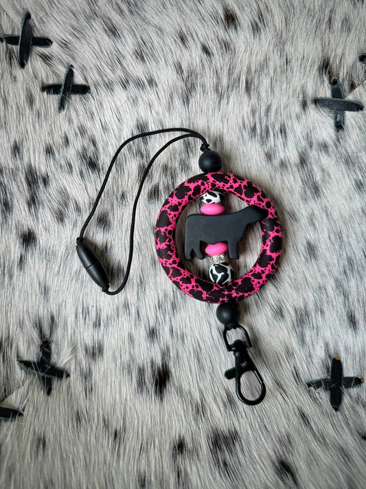Pink Cowhide Black Cow Car Dangle