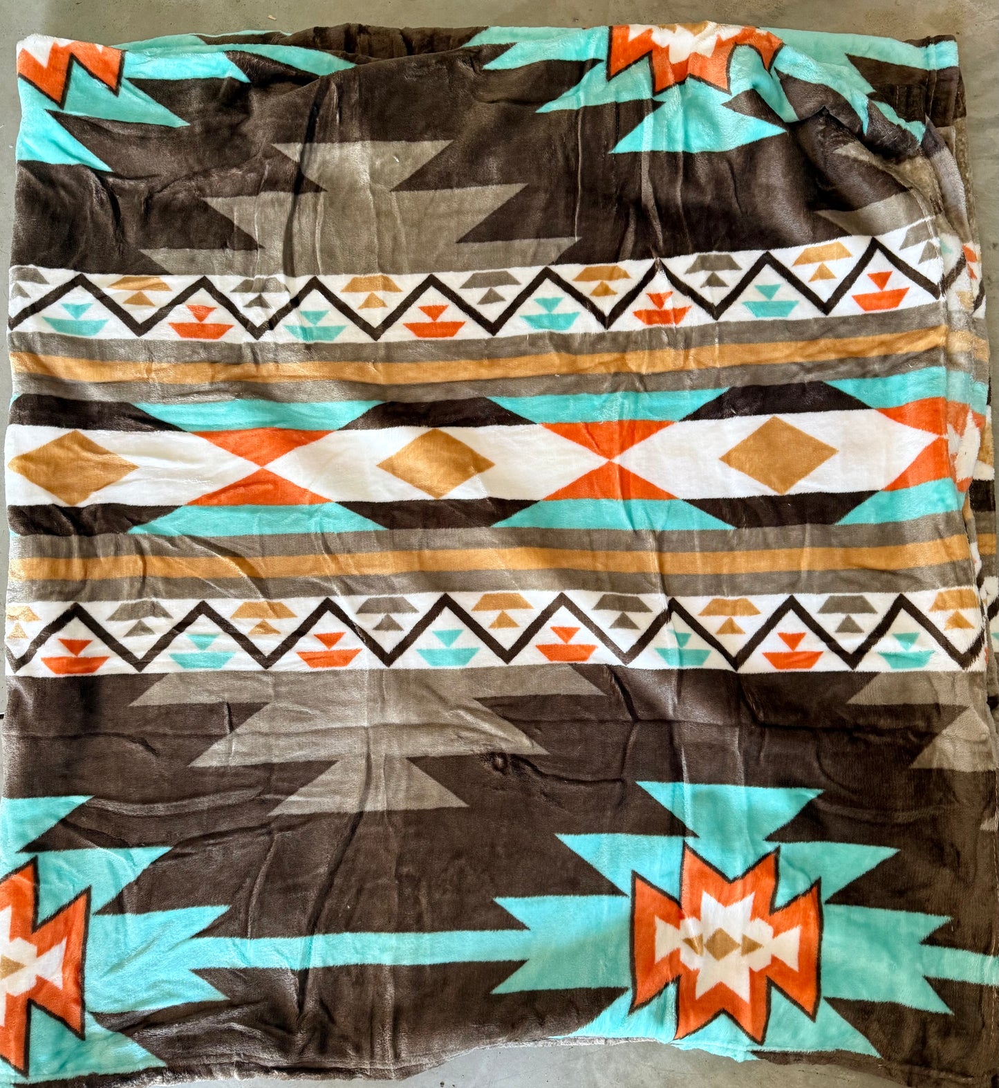 Brown Aztec Turquoise Yellow Orange Plush Thin Queen Blanket