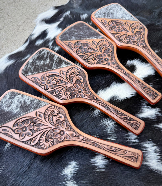 Tooled Leather Hair Brush with Genuine Cowhide Accents