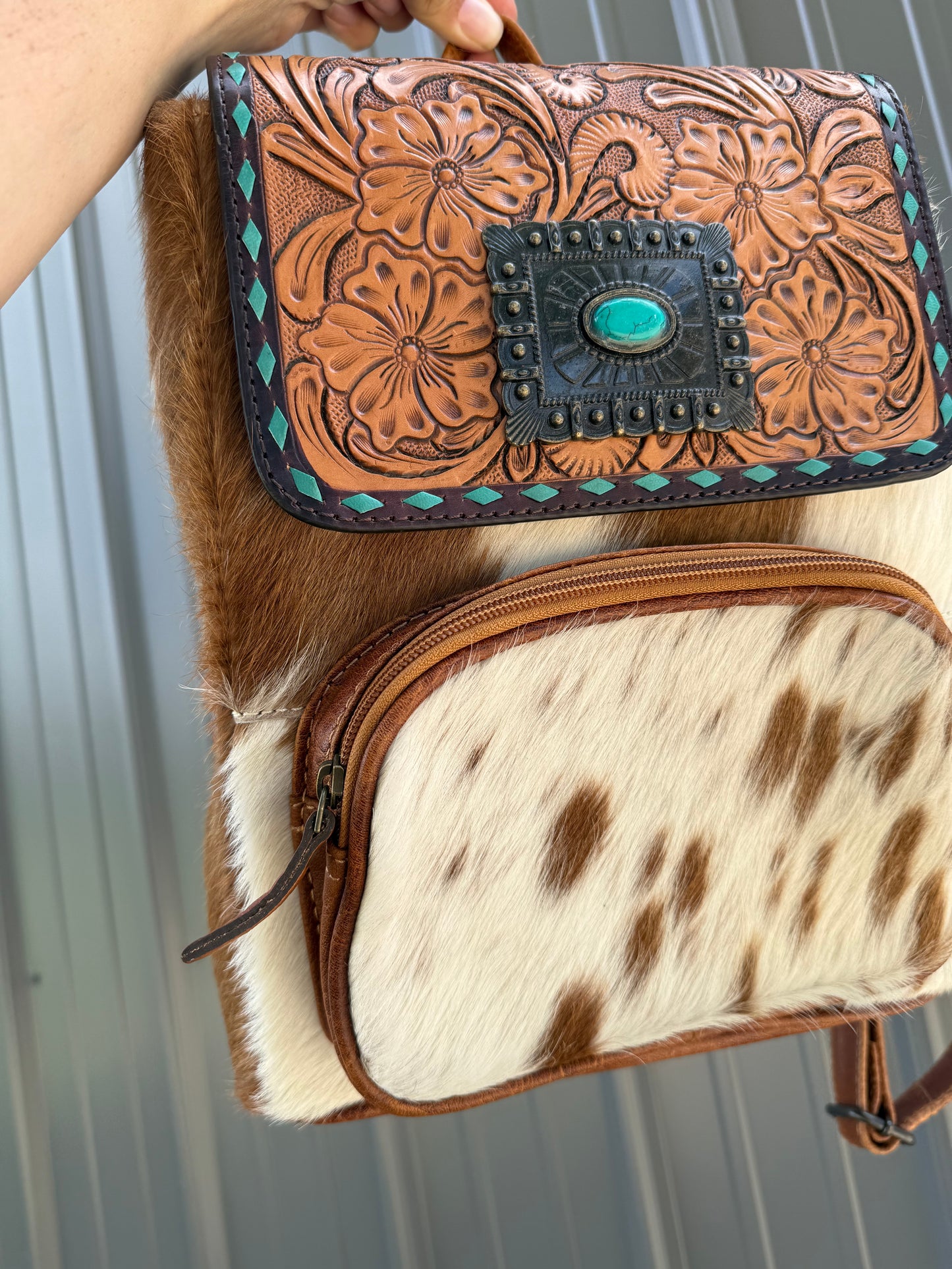 Genuine Tooled Leather Cowhide Turquoise Stone Buckle Mini Backpack