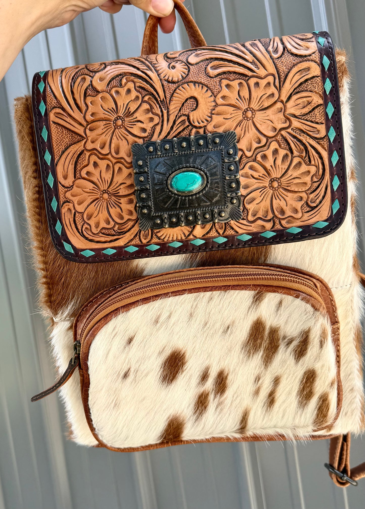 Genuine Tooled Leather Cowhide Turquoise Stone Buckle Mini Backpack