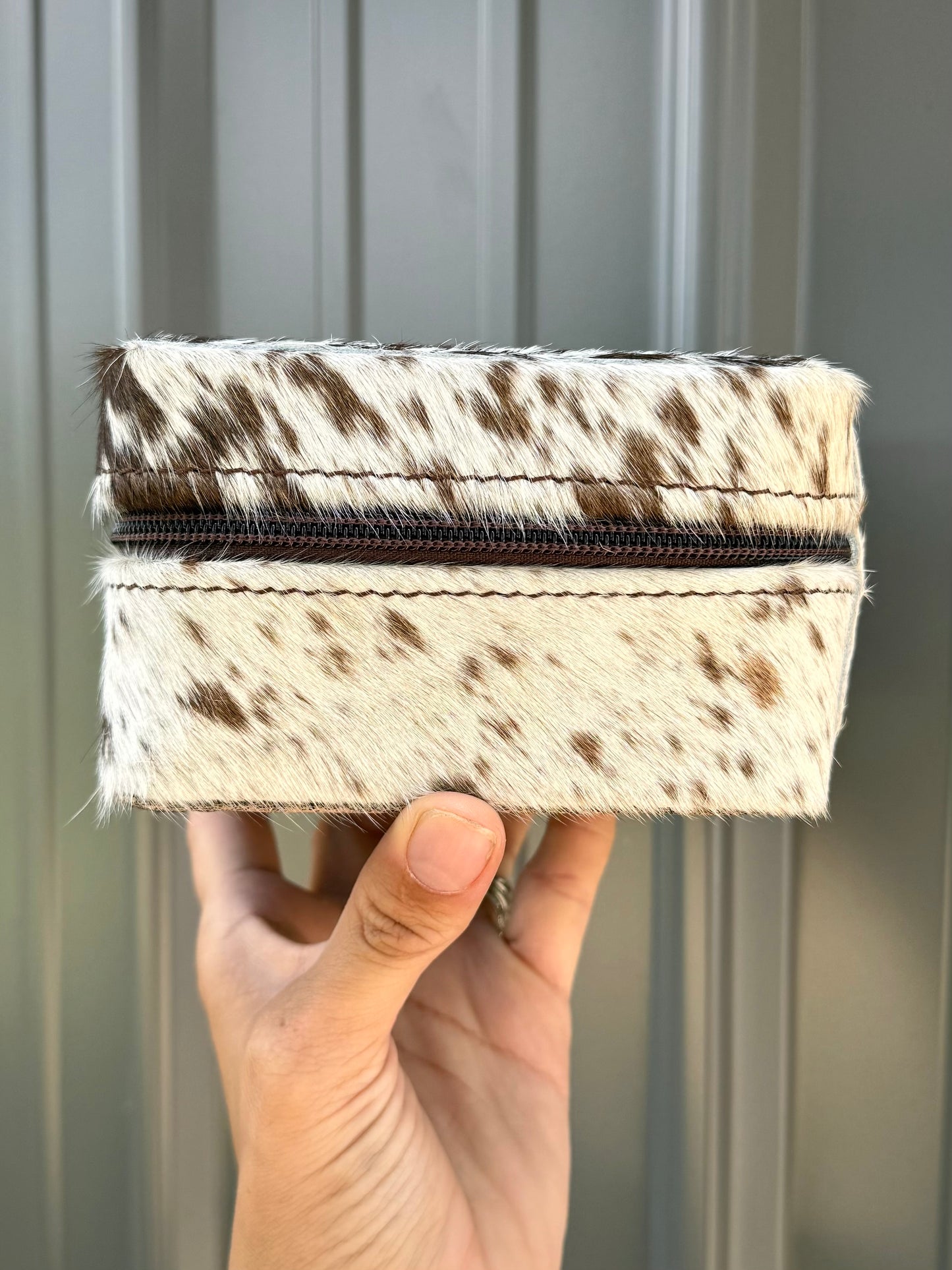 Dark Brown Speckled Cowhide Square Jewelry Zipper Box