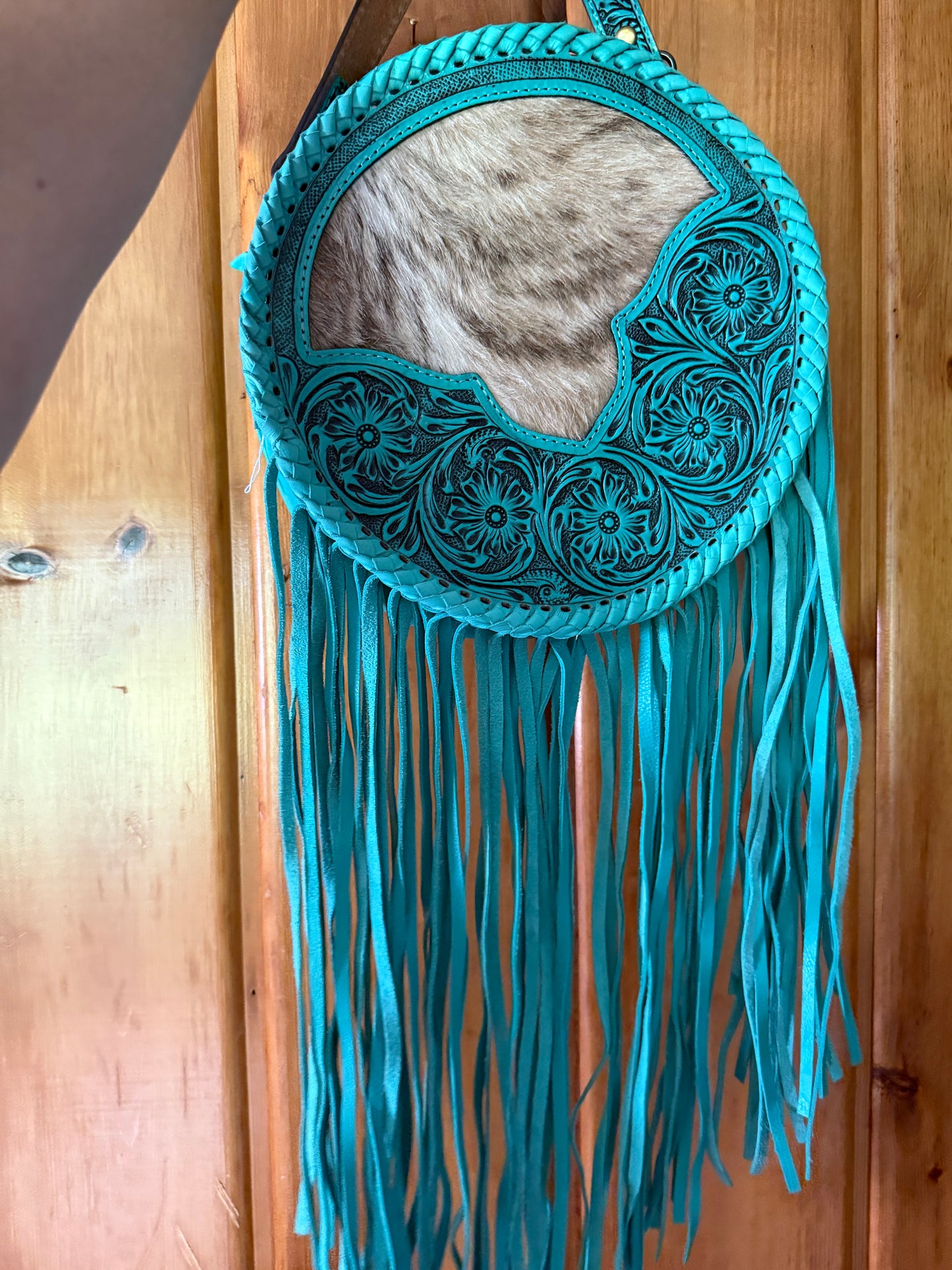 Turquoise Tooled Leather and Cowhide Canteen Crossbody Purse