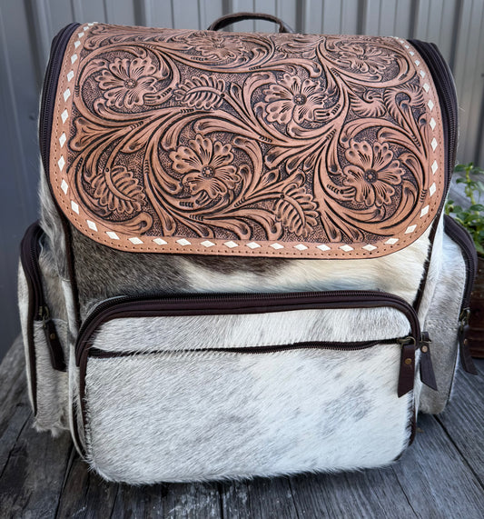Tooled Leather Spotted Gray Cowhide Backpack / Diaper Bag