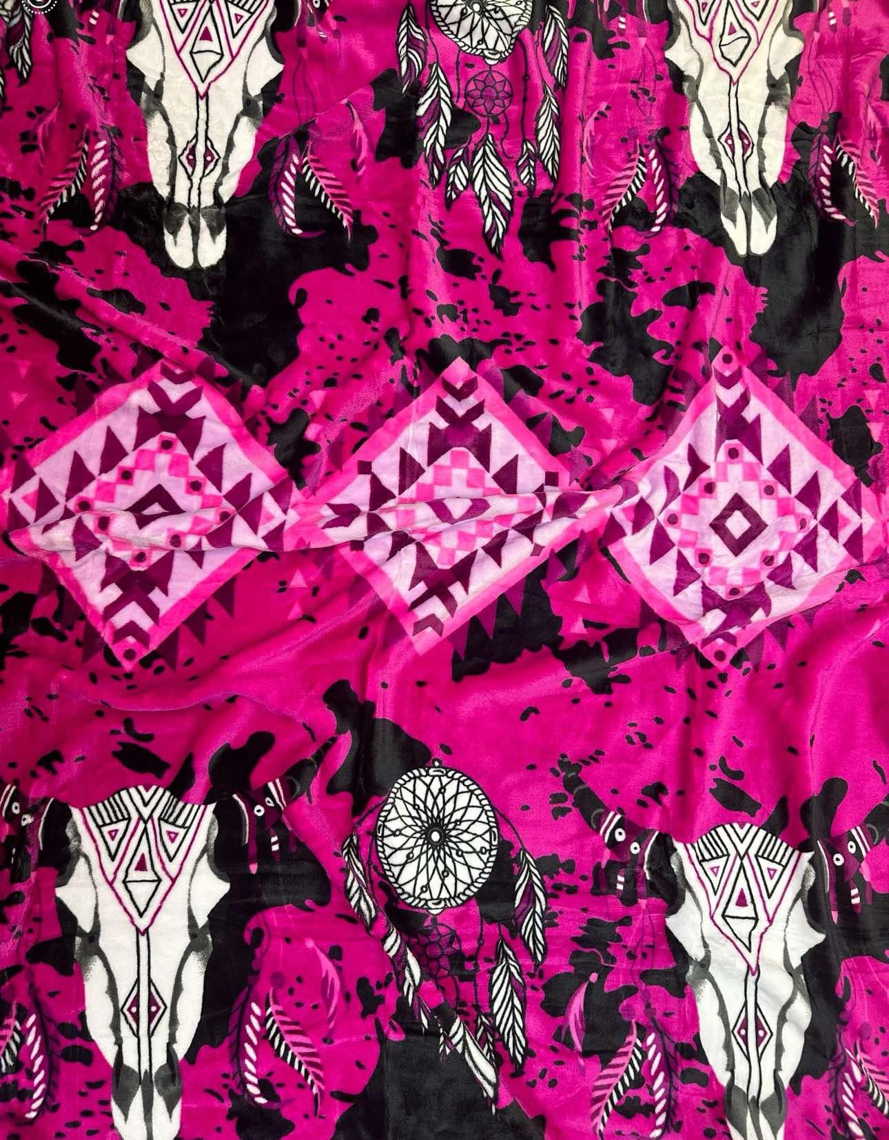 PREORDER Pink Aztec Cow Skull Queen Blanket