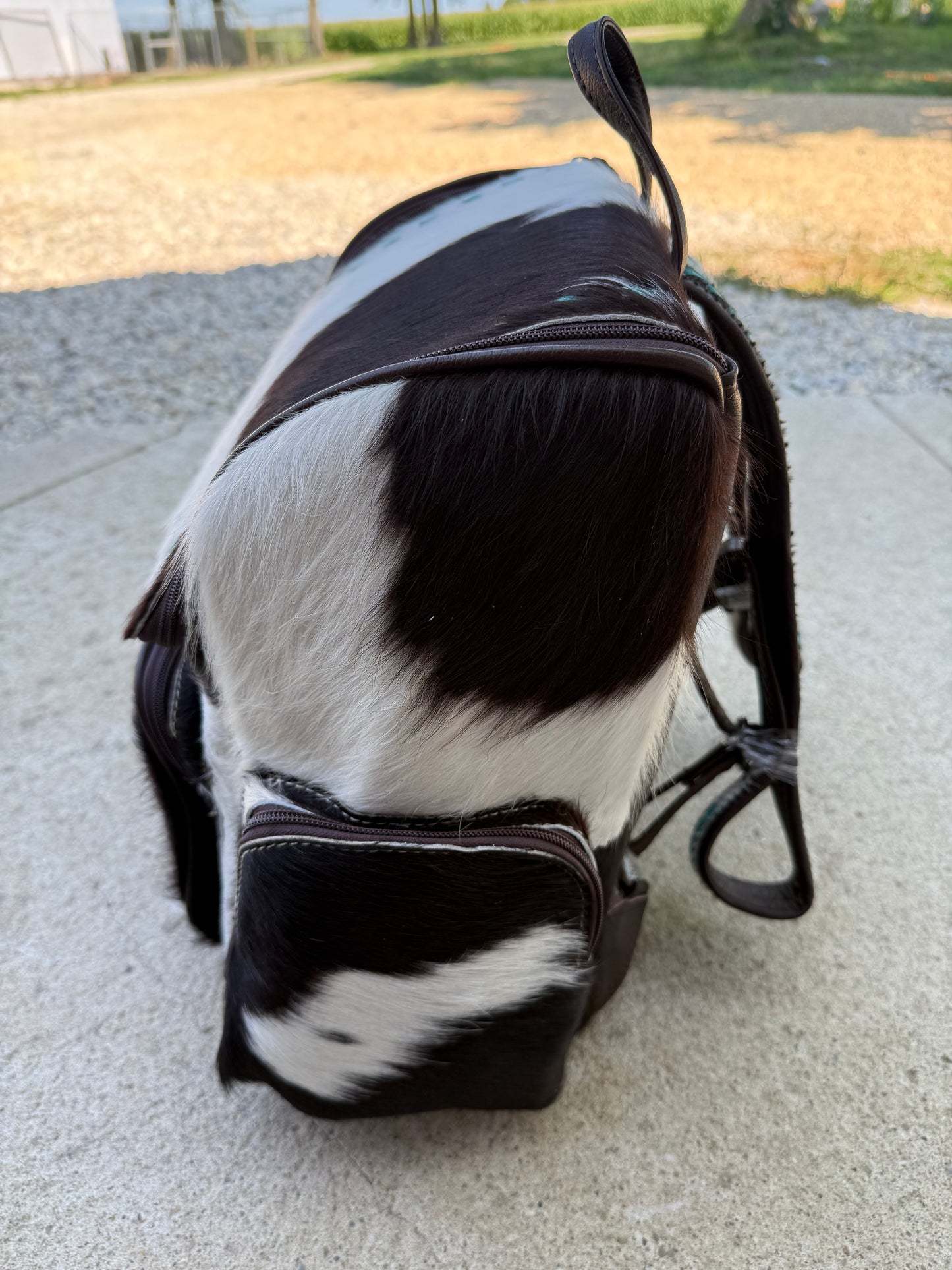 Black & White Cowhide Turquoise Stitching Backpack / Diaper Bag