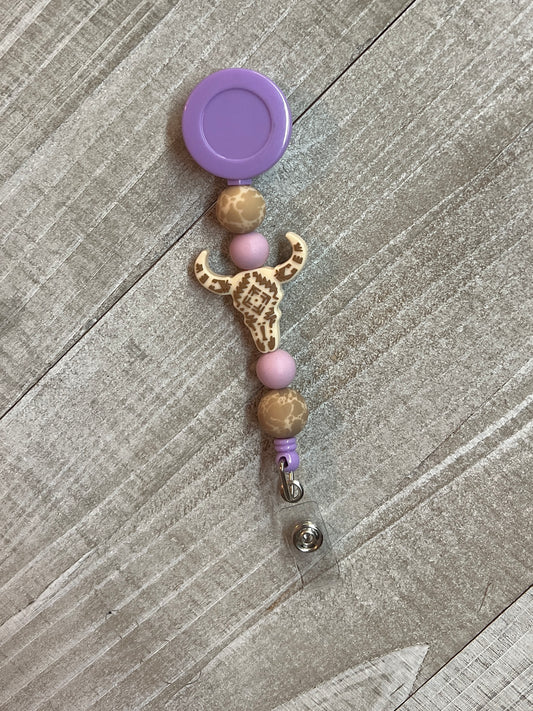 Lavender Beige Aztec Cow Skull Badge Reel
