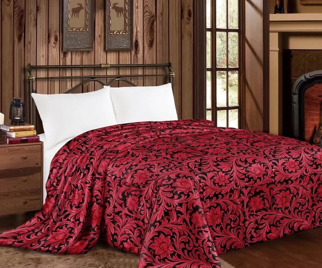 Red Tooled Leather Super Plush King Blanket