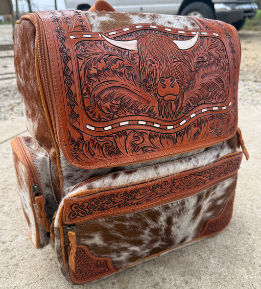 Highland Cow Tooled Leather Brown Cowhide Backpack / Diaper Bag