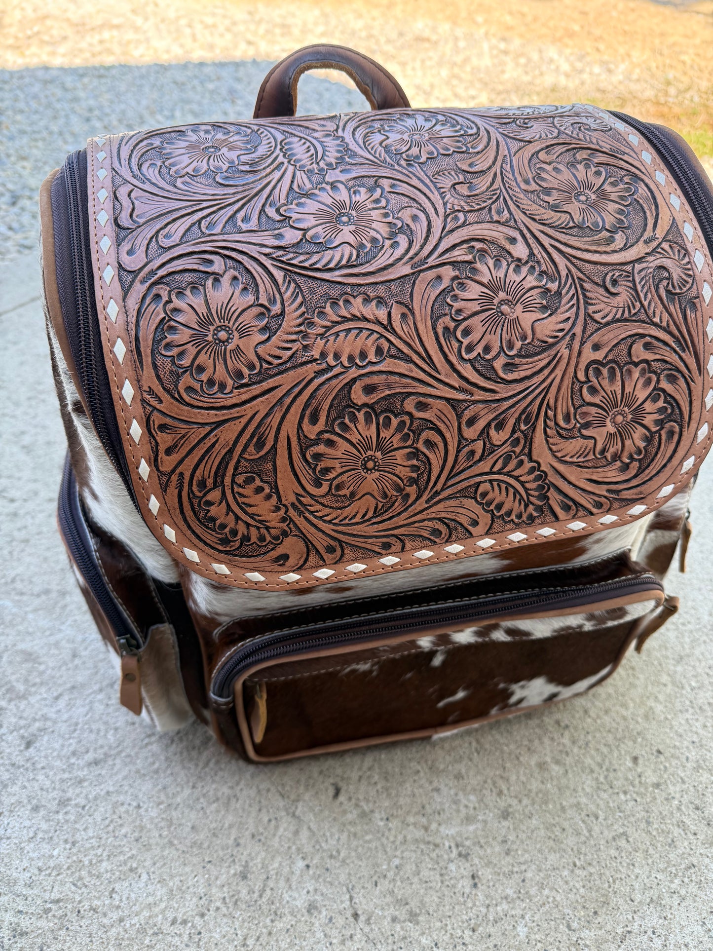 Tooled Leather Spotted Brown Cowhide Rustic Leather Backpack / Diaper Bag