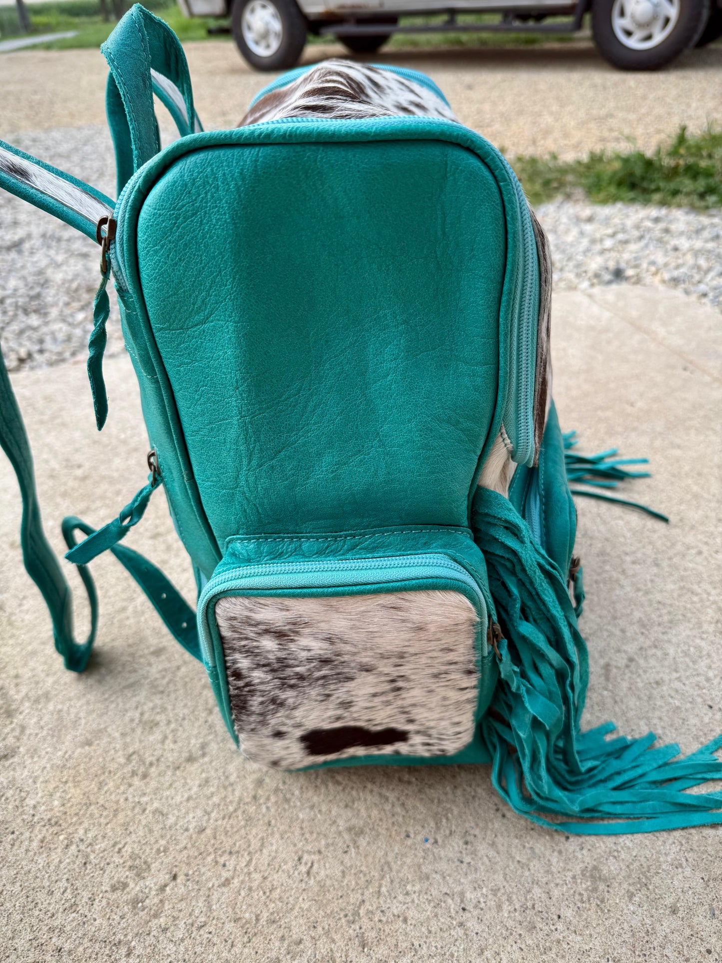 Turquoise Leather Cowhide Backpack / Diaper Bag