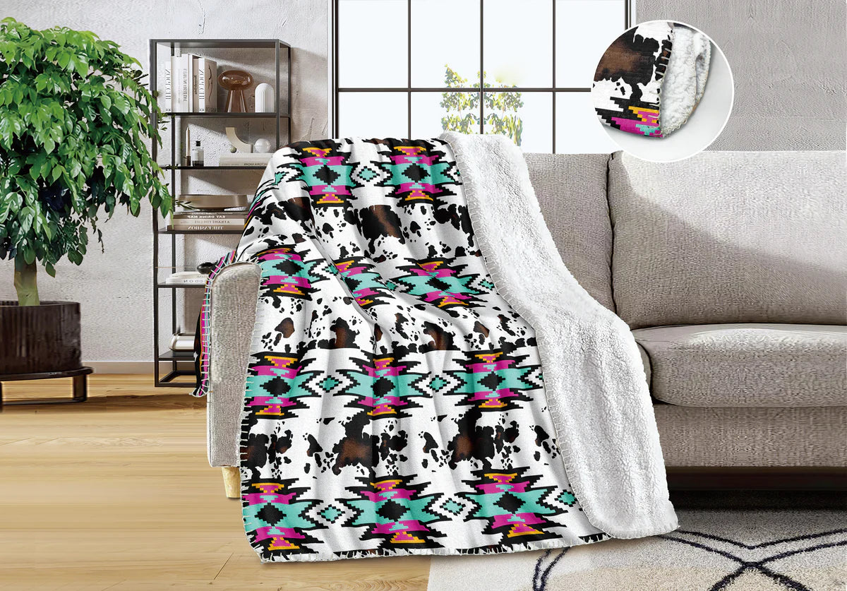 Pink/ Turquoise Aztec Cowhide Sherpa Backing Queen Blanket