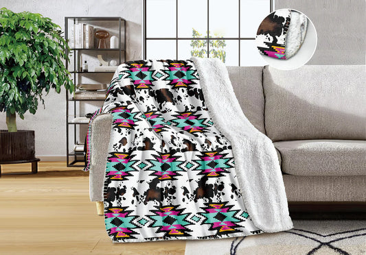 Pink/ Turquoise Aztec Cowhide Sherpa Backing Queen Blanket