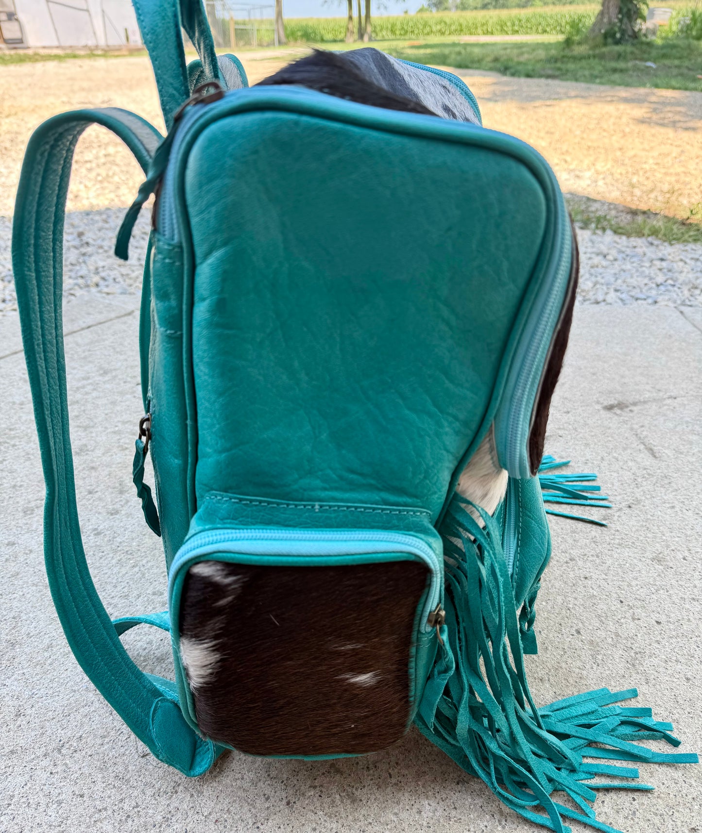 Turquoise Leather Fringe Cowhide Backpack / Diaper Bag