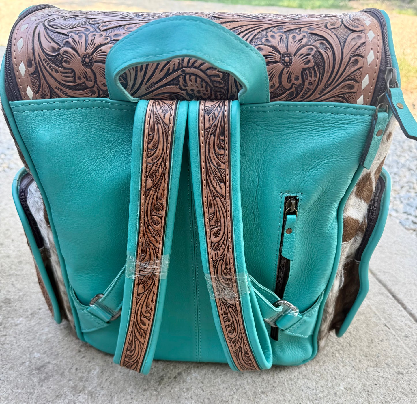 Tooled Leather Turquoise Speckled Brown Cowhide Backpack / Diaper Bag