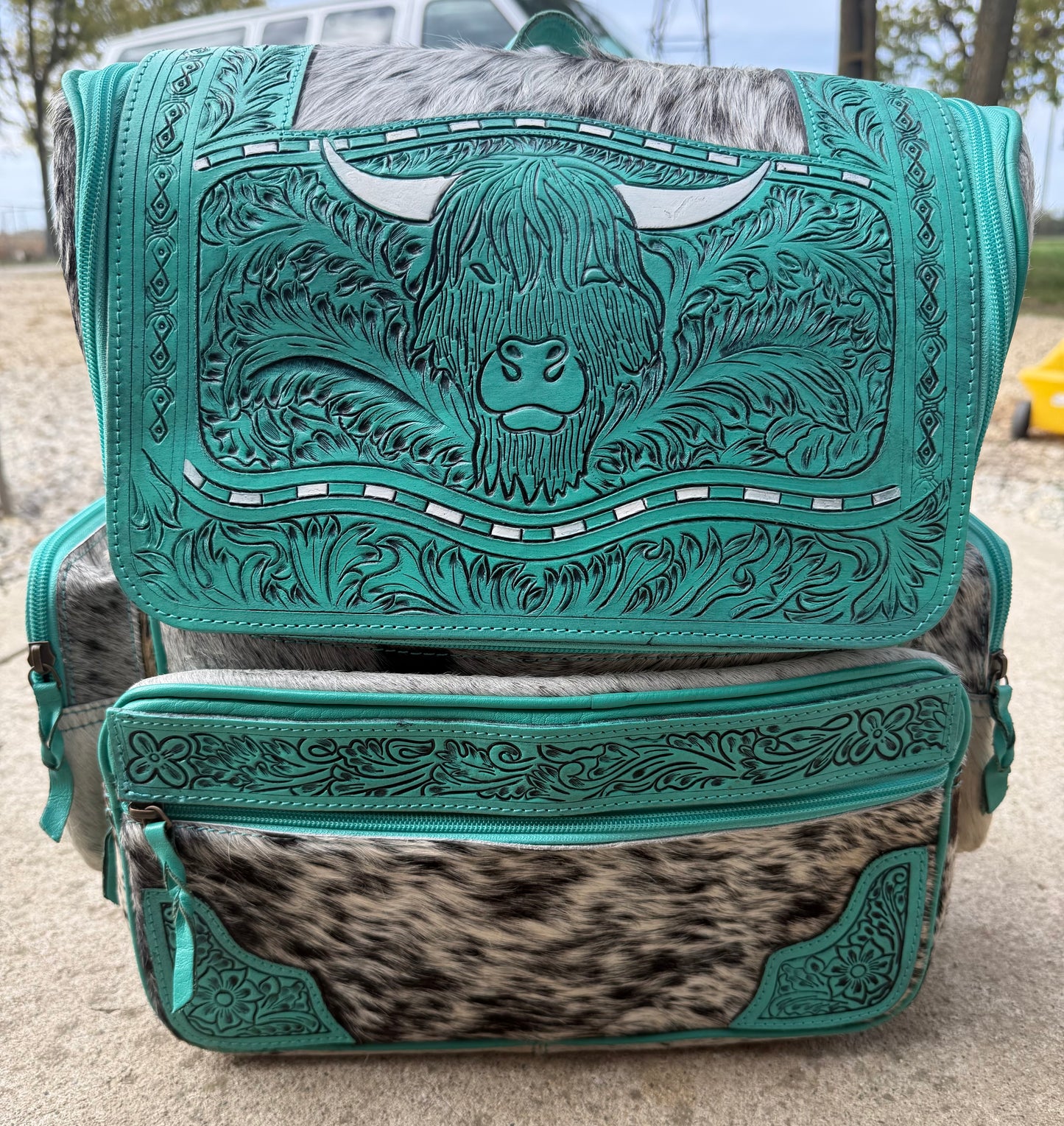 Turquoise Highland Cow Tooled Leather Black Speckled Cowhide Backpack / Diaper Bag