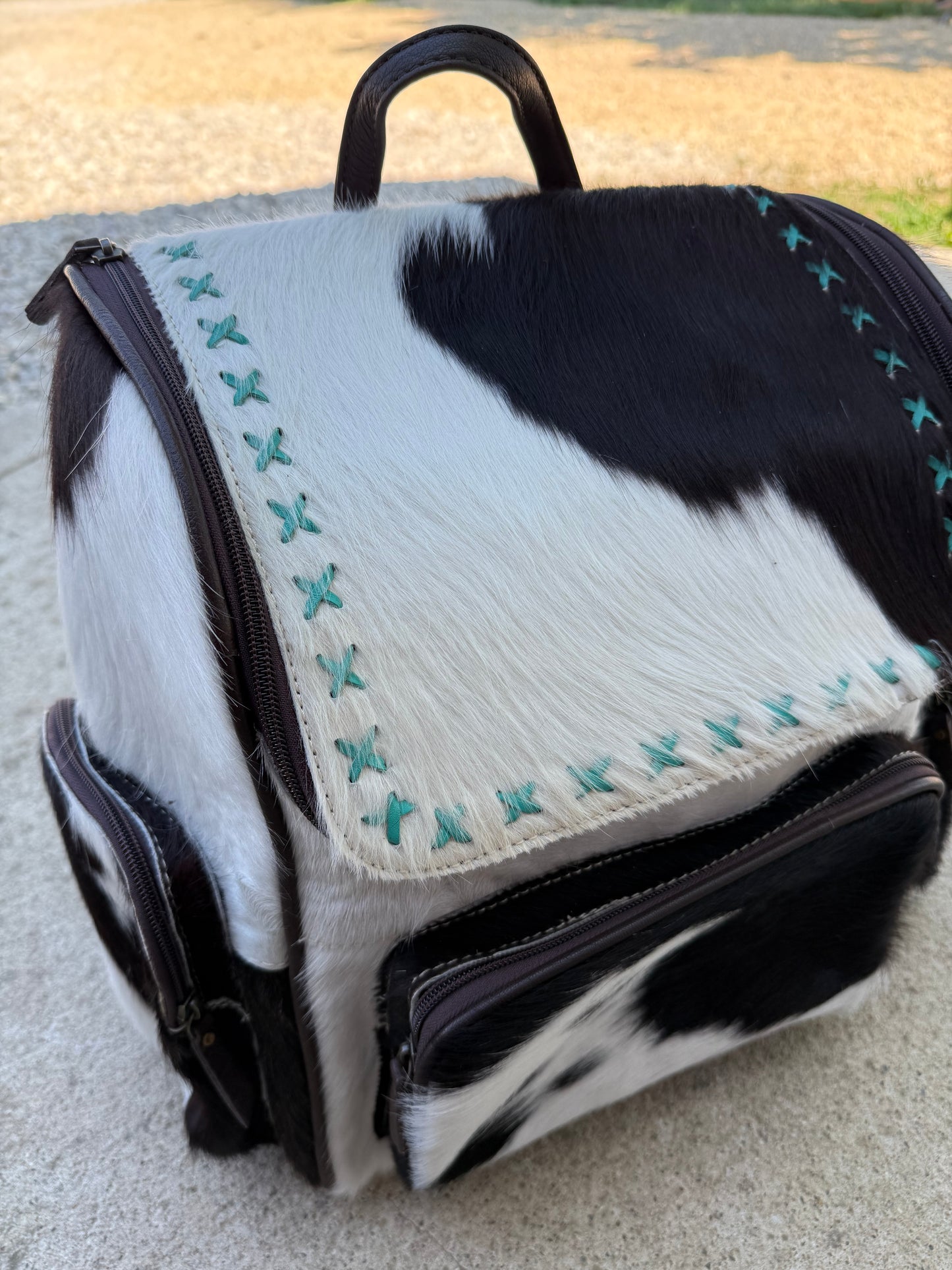 Black & White Cowhide Turquoise Stitching Backpack / Diaper Bag