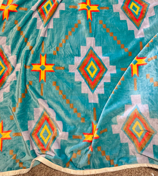 Twin Turquoise / Yellow / Orange Aztec Blanket Thicker Style