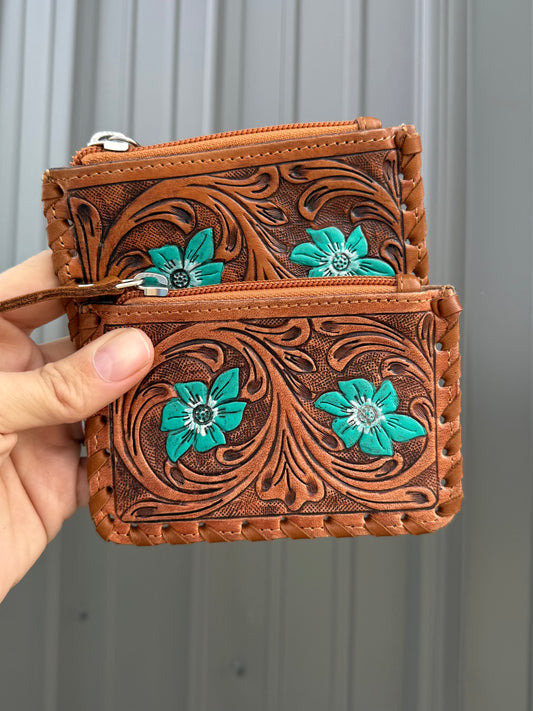 Turquoise Flower Cowhide Tooled Leather Zipper Pouch