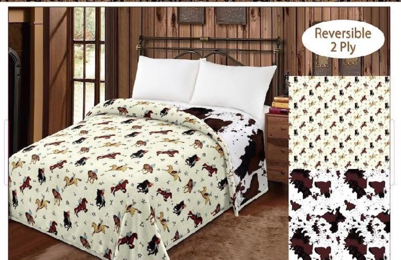 Beige Cowboy Brown Cowhide Reversible Blanket