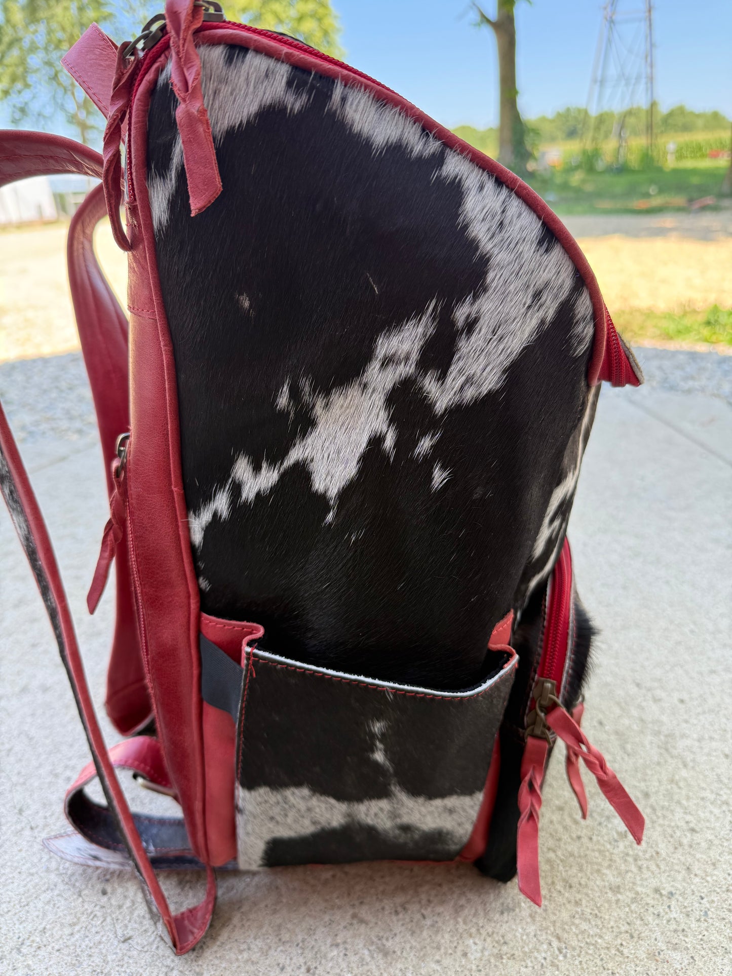 Red Leather Black Cowhide Backpack / Diaper Bag