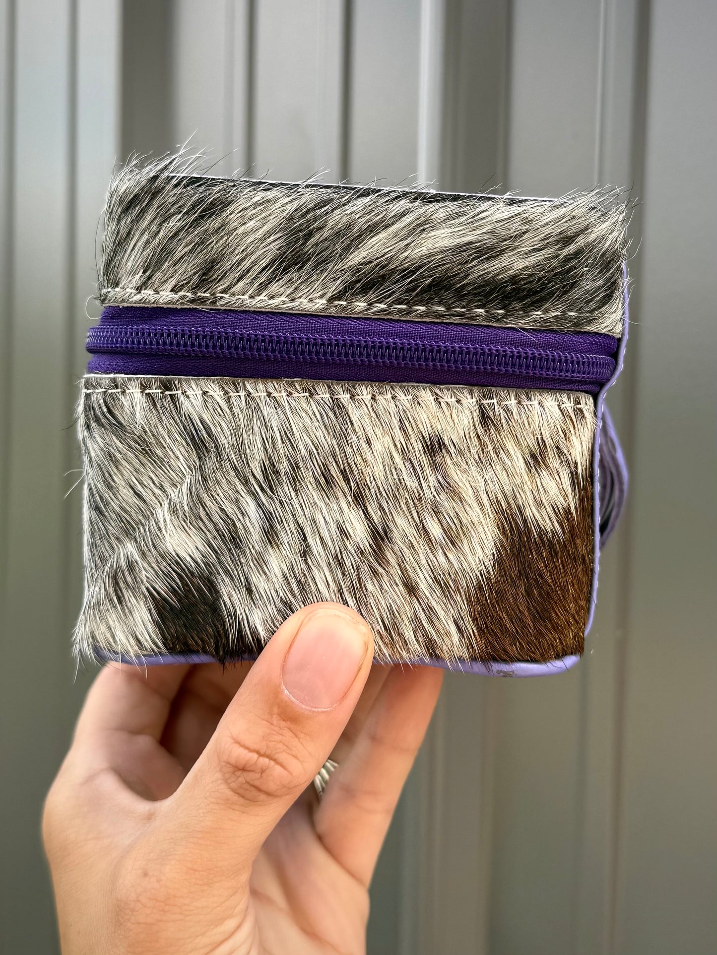 Lavender Purple Tooled Top Speckled Cowhide Square Jewelry Zipper Box