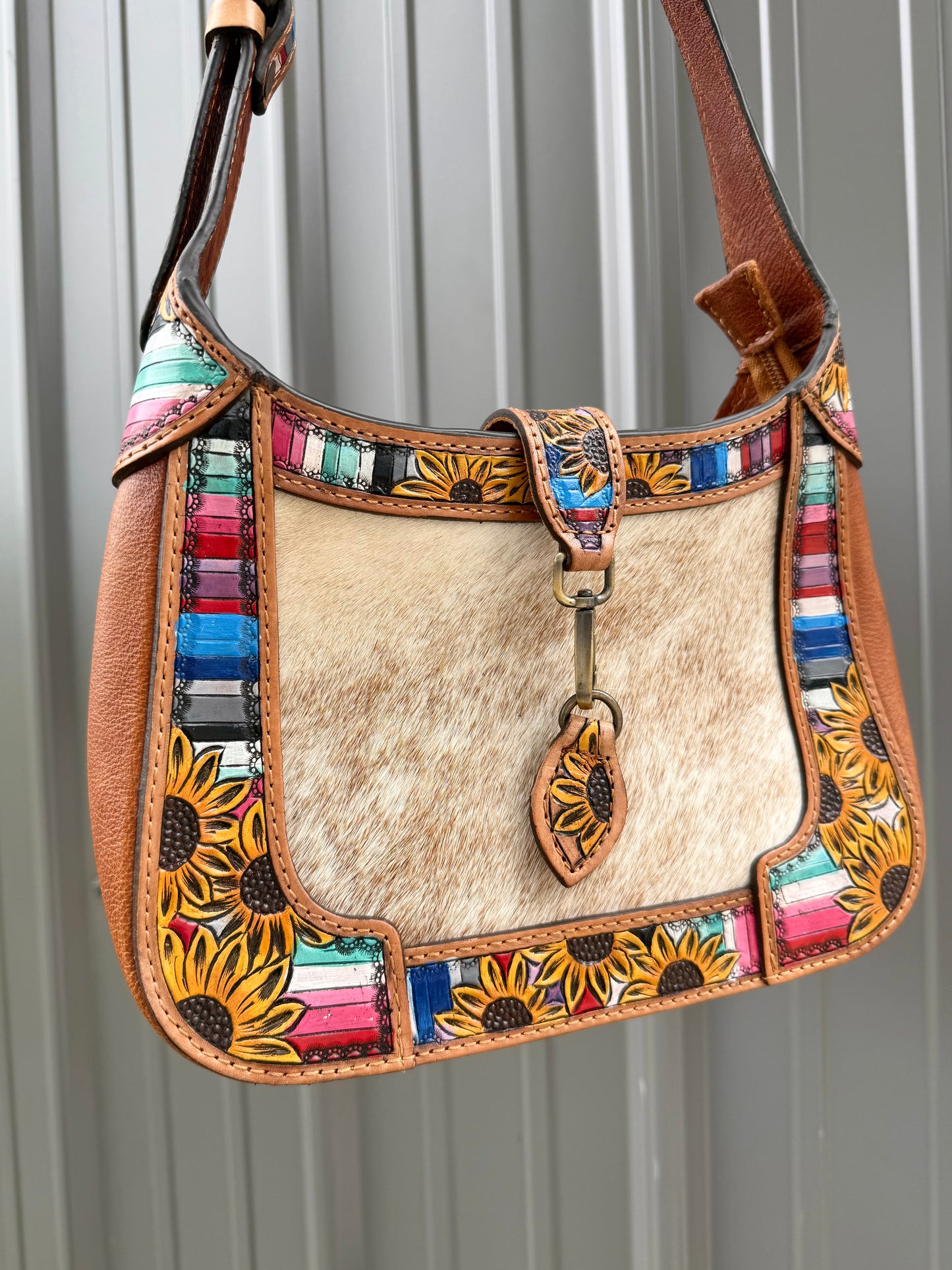 Colorful Sunflower Tooled Genuine Cowhide Purse