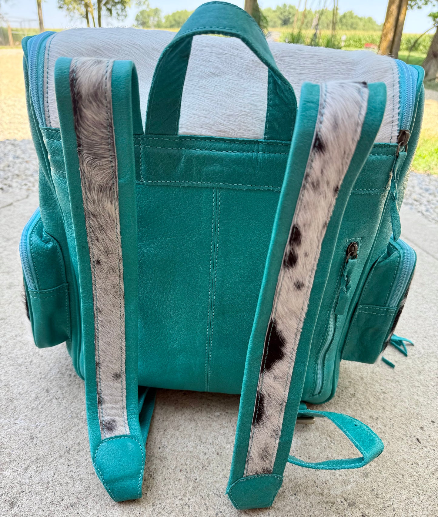 Turquoise Leather Fringe Cowhide Backpack / Diaper Bag
