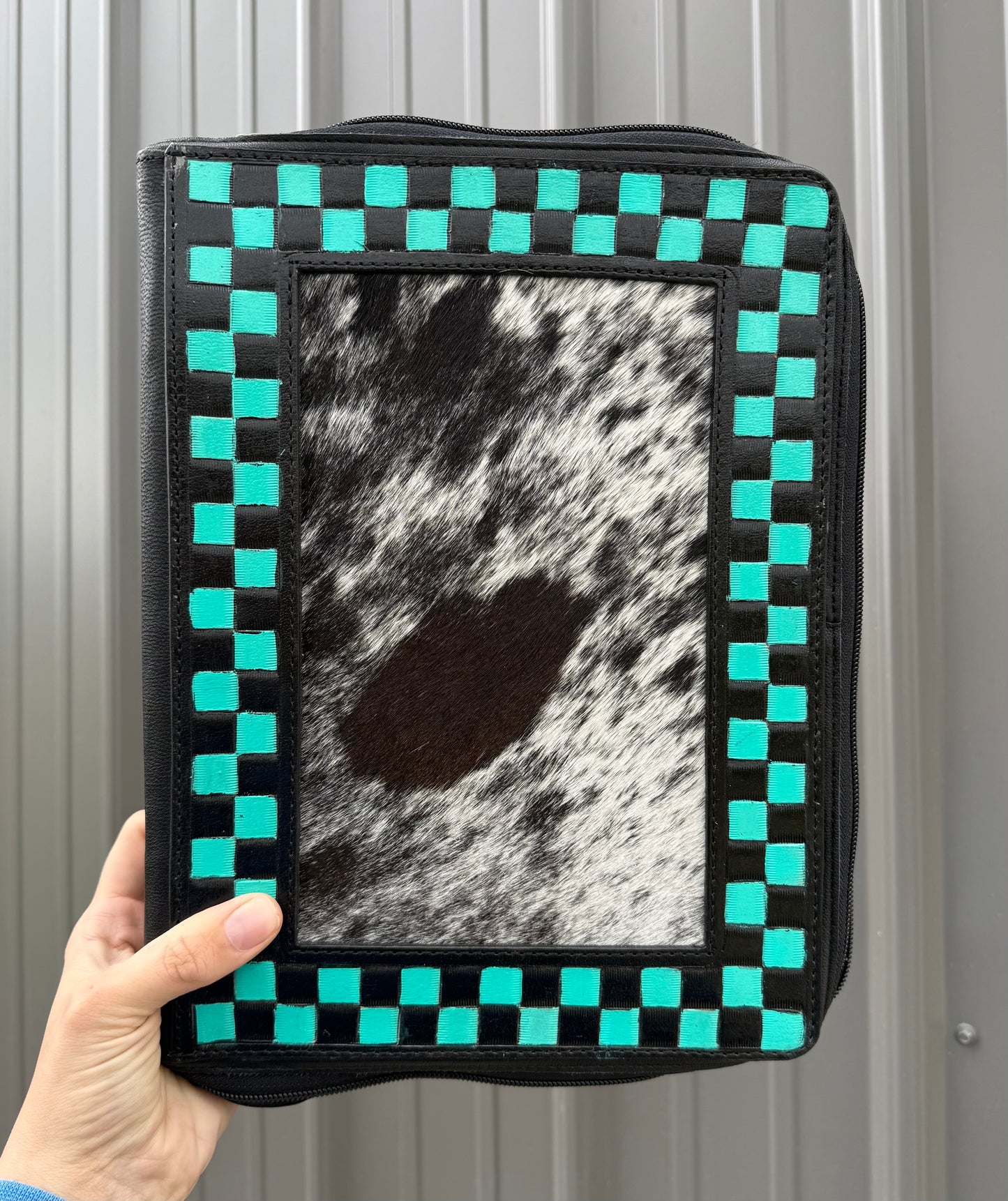 Turquoise Check Tooled Leather Binder Planner Tooled Leather Cowhide