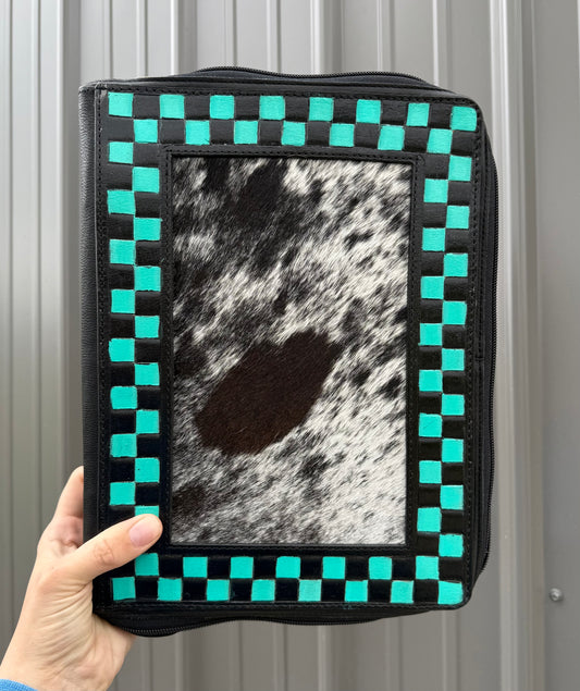 Turquoise Check Tooled Leather Binder Planner Tooled Leather Cowhide