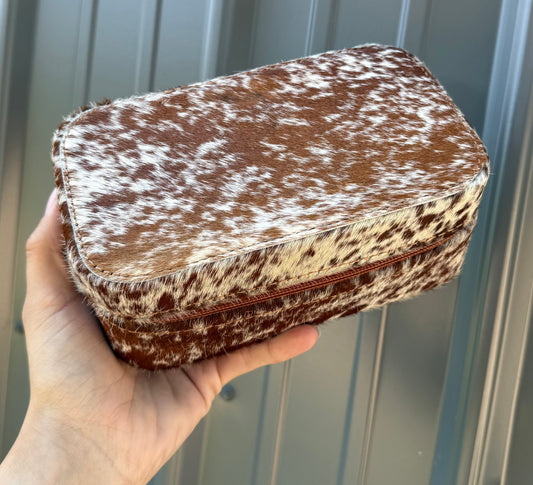 Brown Speckled Cowhide Rectangle Jewelry Zipper Box