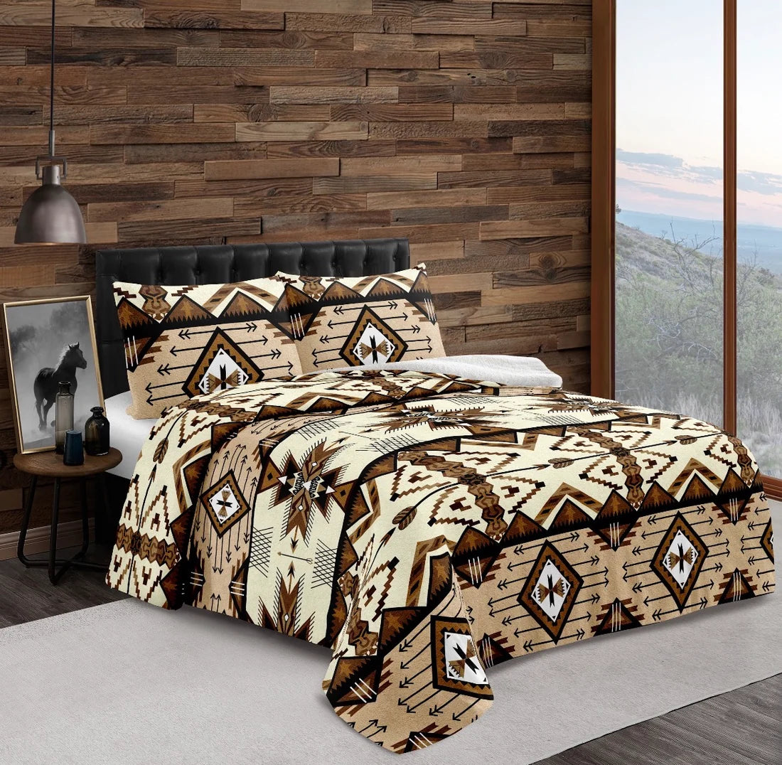 Brown Beige Aztec Sherpa Bedding Set