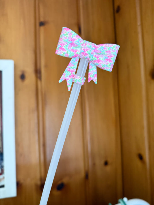 Pink Teal Bow Floral Straw Topper