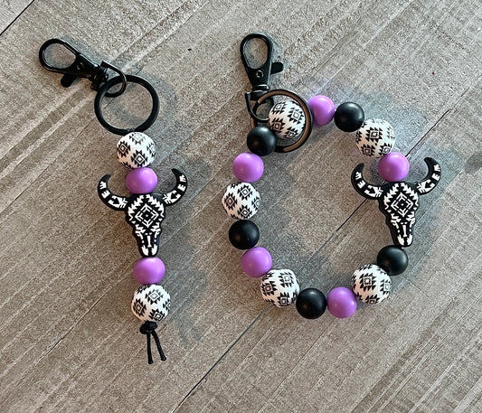 Purple/White Aztec Cow Skull Keychain Set