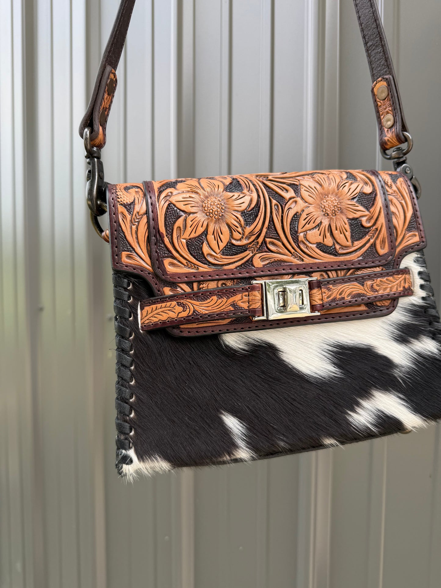 Brown Tooled Genuine Black Cowhide Purse
