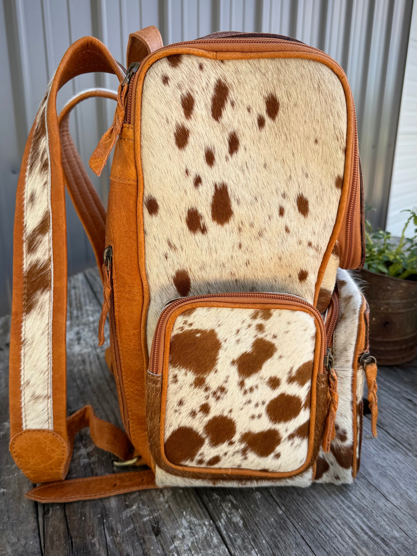Highland Cow Tooled Leather Brown Cowhide Backpack / Diaper Bag