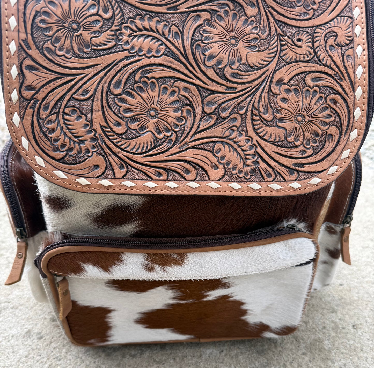 Tooled Leather Brown Cowhide Backpack / Diaper Bag