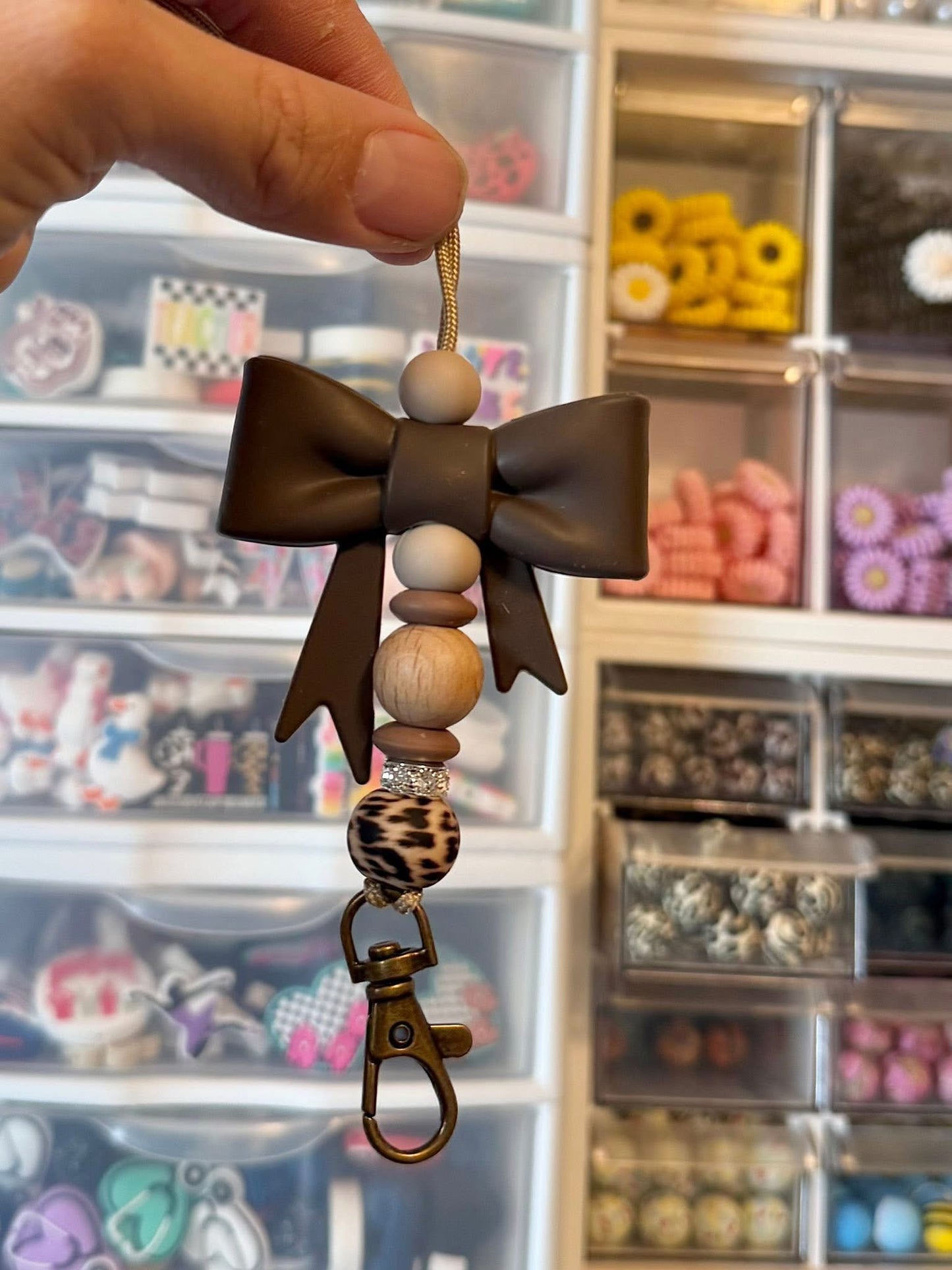 Dark Brown Bow Cheetah Car Mirror Hanger