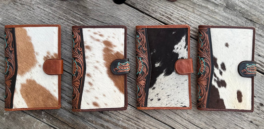 Genuine Cowhide and Tooled leather checkbook Wallet Turquoise Accent